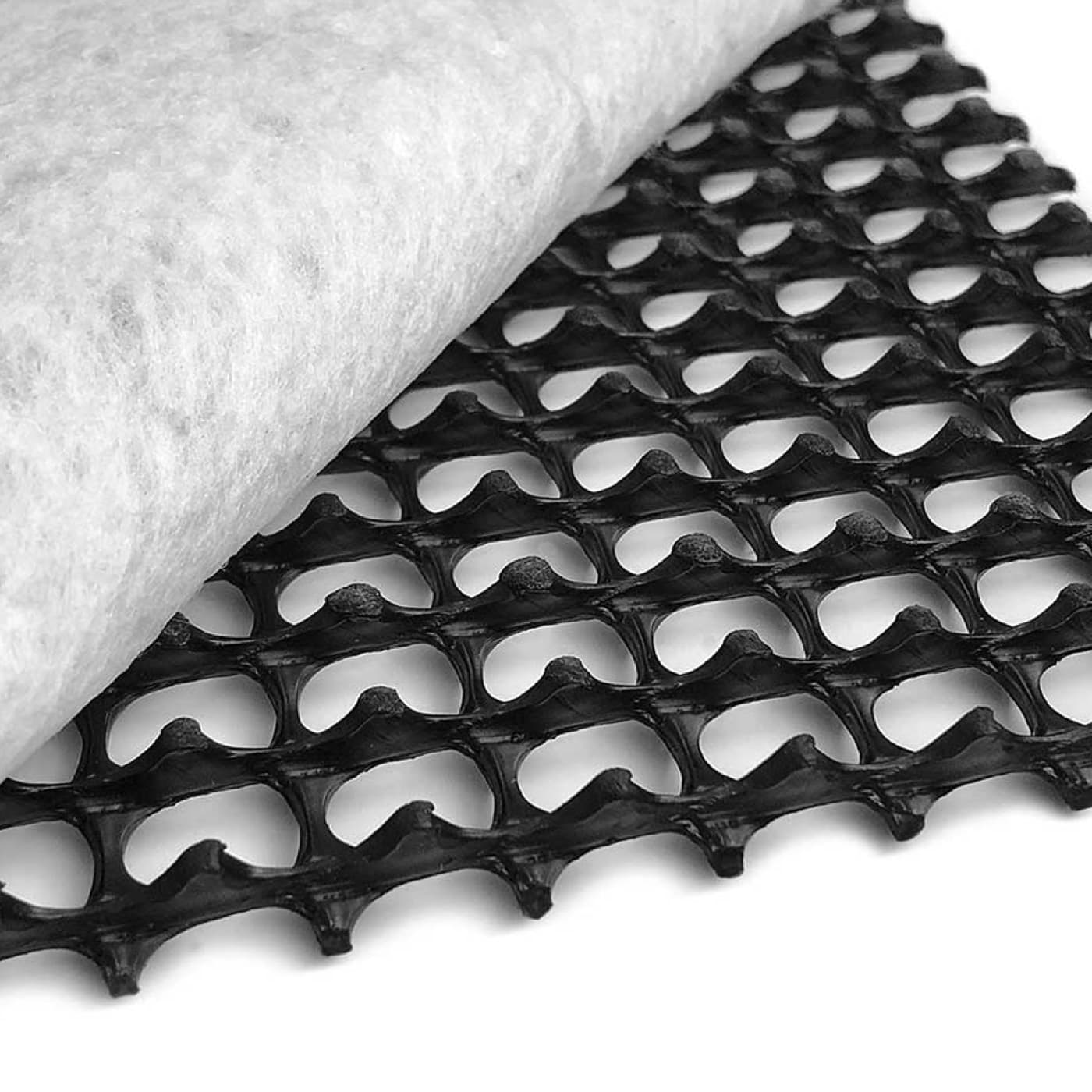 Geonet bonded to a non-woven geotextile, forming a drainage geocomposite